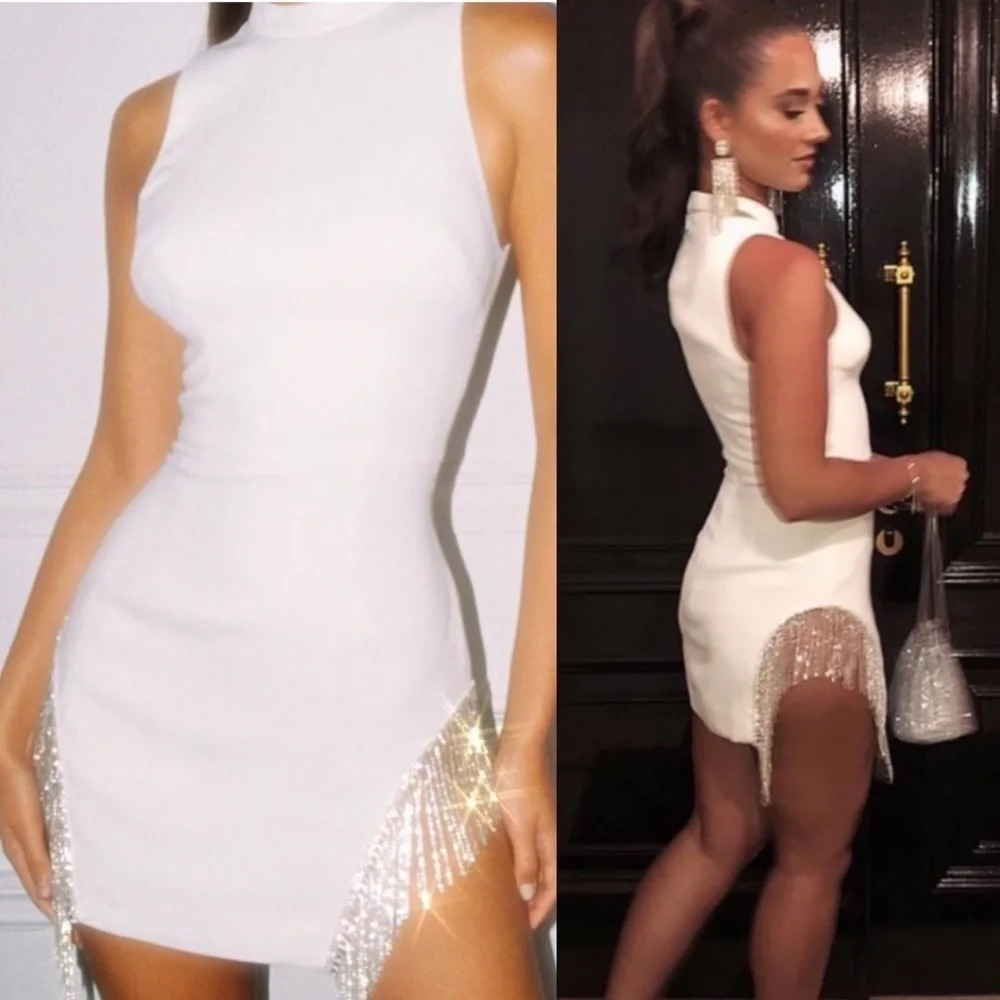 HOUSE OF CB 'Charlize' White Crystal Trim Dress/Size XS NWOT